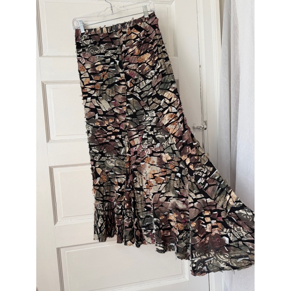 Vintage Y2K Mosaic Patchwork Maxi Skirt Asymmetrical Raw Hem Earth Tone Boho - Picture 5 of 13